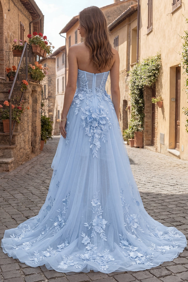 Load image into Gallery viewer, A Line Yellow Strapless Corset Floral High-Low Evening Dress with Ruffles