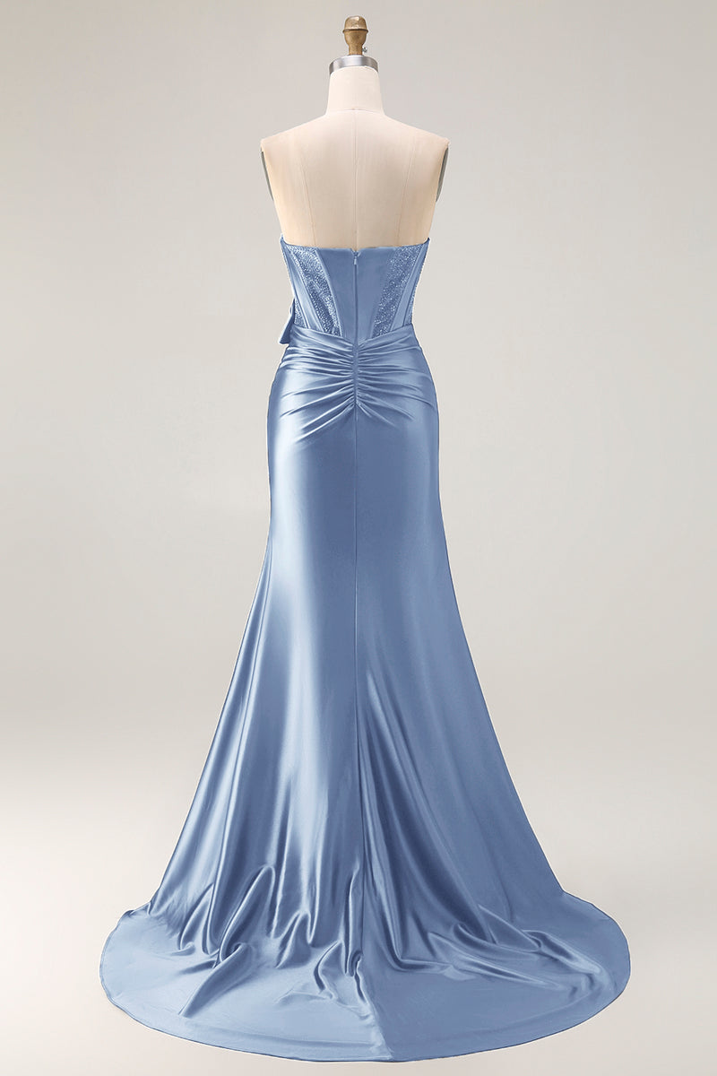 Load image into Gallery viewer, Navy Mermaid Strapless Corset Maxi Prom Dress with Slit