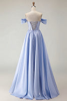 Load image into Gallery viewer, Sparkly Purple A Line Beaded Satin Long Corset Prom Dress with Slit