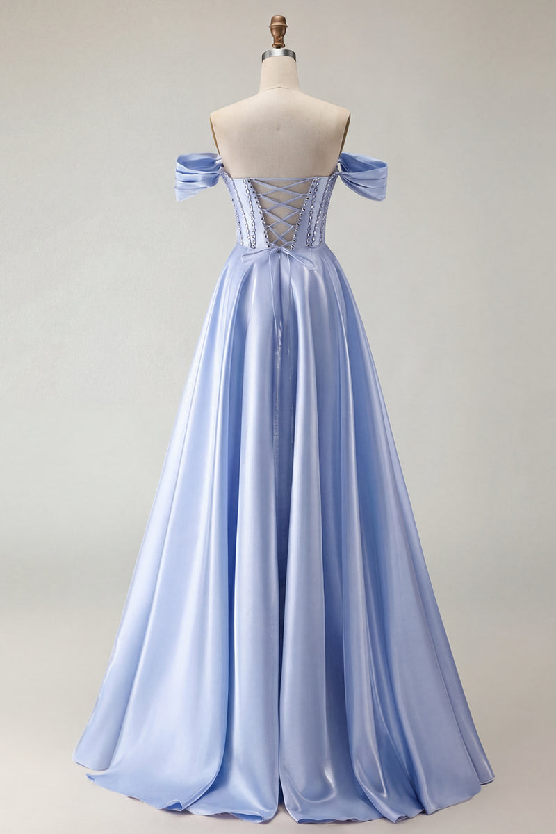 Load image into Gallery viewer, Sparkly Purple A Line Beaded Satin Long Corset Prom Dress with Slit