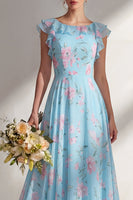 Load image into Gallery viewer, Floral Boat Neck Blue A Line Long Beach Wedding Guest Dress with Ruffles
