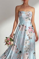 Load image into Gallery viewer, Floral Strapless Ruched Blue A Line Long Wedding Guest Dress