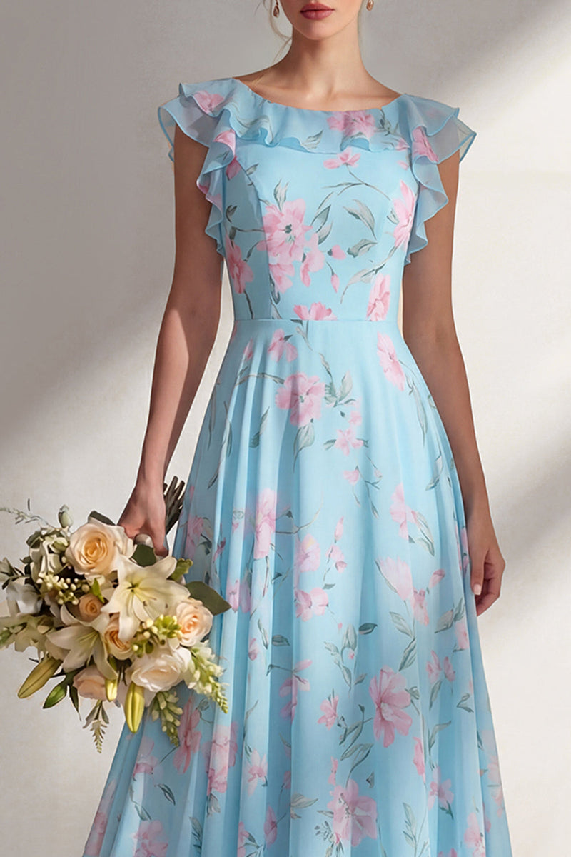 Load image into Gallery viewer, Floral Boat Neck Blue A Line Long Beach Wedding Guest Dress with Ruffles