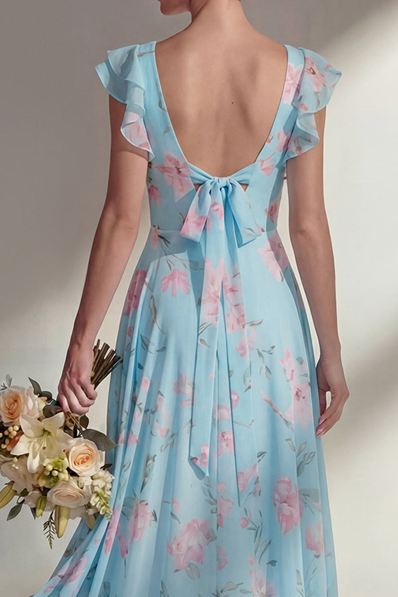 Load image into Gallery viewer, Floral Boat Neck Blue A Line Long Beach Wedding Guest Dress with Ruffles