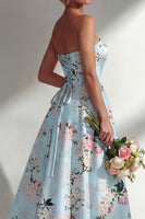 Load image into Gallery viewer, Floral Strapless Ruched Blue A Line Long Wedding Guest Dress