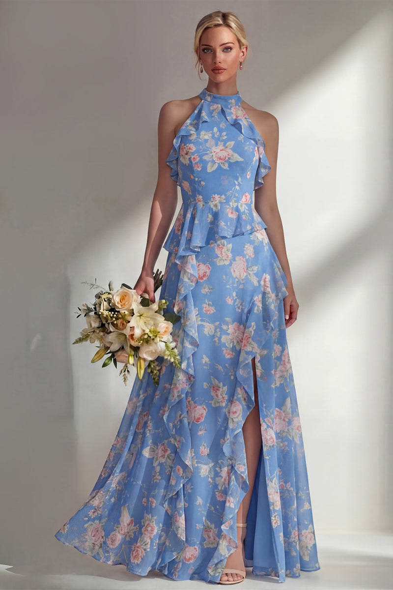 Load image into Gallery viewer, A Line Blue Pink Flower High Neck Ruffled Long Beach Wedding Guest Dress with Slit