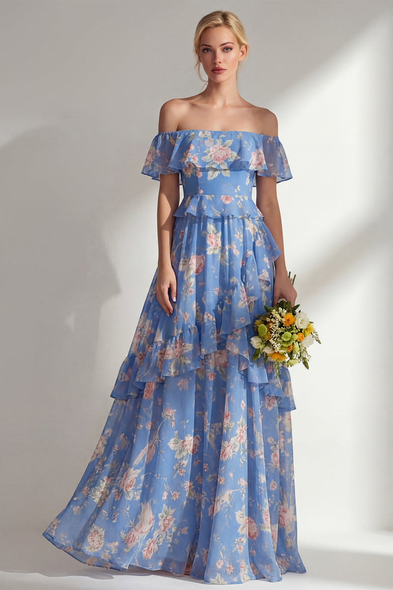 Load image into Gallery viewer, Off the Shoulder Pink Red Flower A Line Long Beach Wedding Guest Dress with Ruffles