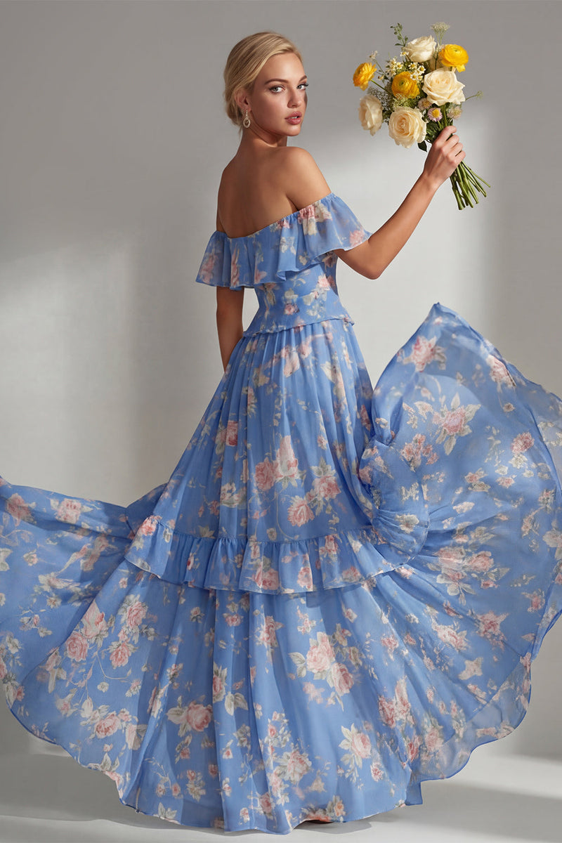 Load image into Gallery viewer, Off the Shoulder Pink Red Flower A Line Long Beach Wedding Guest Dress with Ruffles