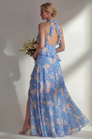 Load image into Gallery viewer, A Line Blue Pink Flower High Neck Ruffled Long Beach Wedding Guest Dress with Slit