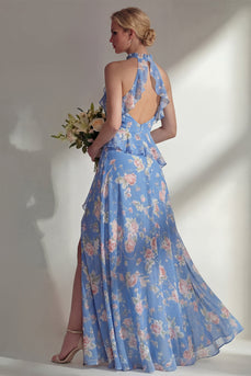 A Line Blue Pink Flower High Neck Ruffled Long Beach Wedding Guest Dress with Slit
