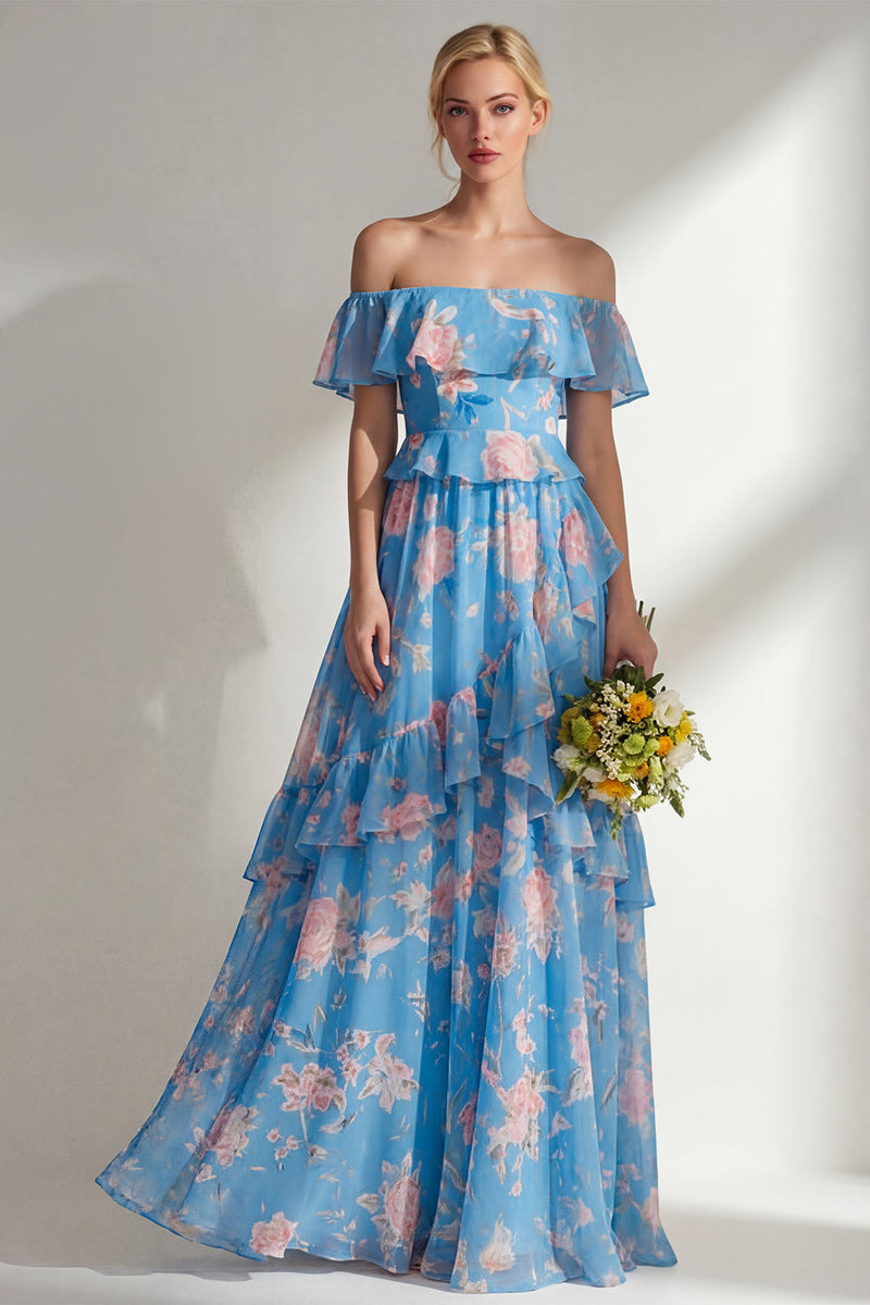 Load image into Gallery viewer, Off the Shoulder Pink Red Flower A Line Long Beach Wedding Guest Dress with Ruffles