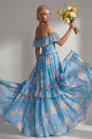 Load image into Gallery viewer, Off the Shoulder Pink Red Flower A Line Long Beach Wedding Guest Dress with Ruffles