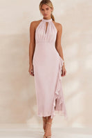 Load image into Gallery viewer, Navy Chiffon Ruffled Halter Ankle Length Work Dress with Slit