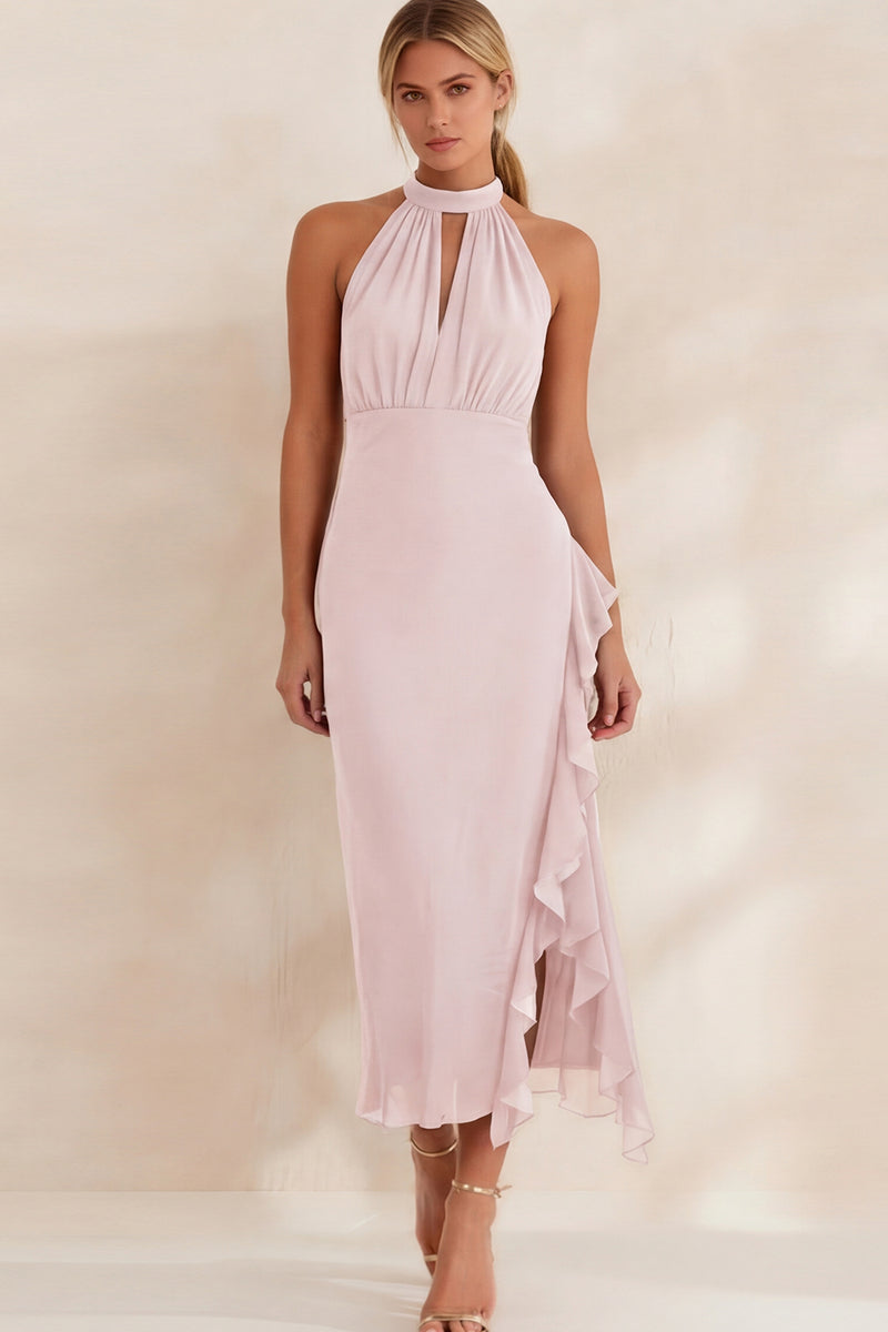 Load image into Gallery viewer, Navy Chiffon Ruffled Halter Ankle Length Work Dress with Slit