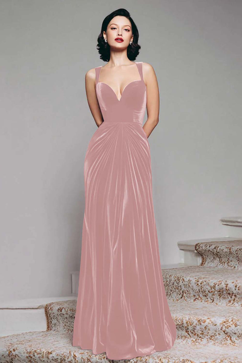 Load image into Gallery viewer, Burgundy Mermaid Velvet Thick Straps Ruched Long Holiday Party Dress