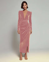 Load image into Gallery viewer, Olive Sheath Deep V-Neck Velvet Long Holiday Party Dress with Sleeves