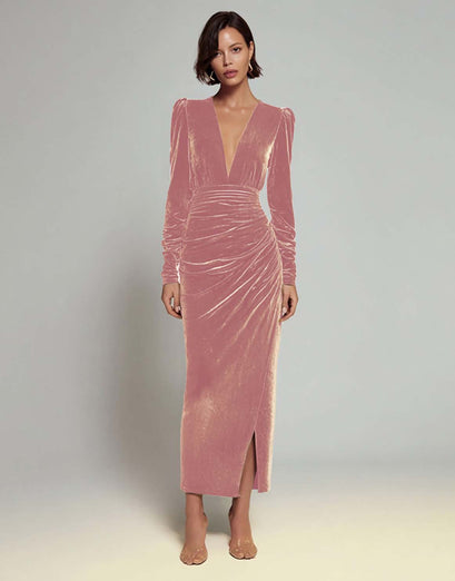 Olive Sheath Deep V-Neck Velvet Long Holiday Party Dress with Sleeves