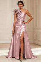 Load image into Gallery viewer, One Shoulder Silver A Line Long Mother of the Bride Dress with Bow