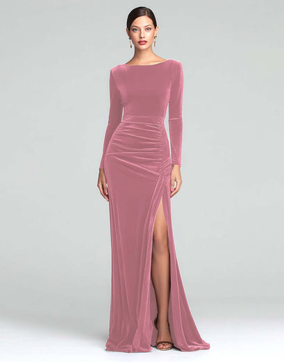 Burgundy Boat Neck Ruched Velvet Long Sleeves Holiday Party Dress