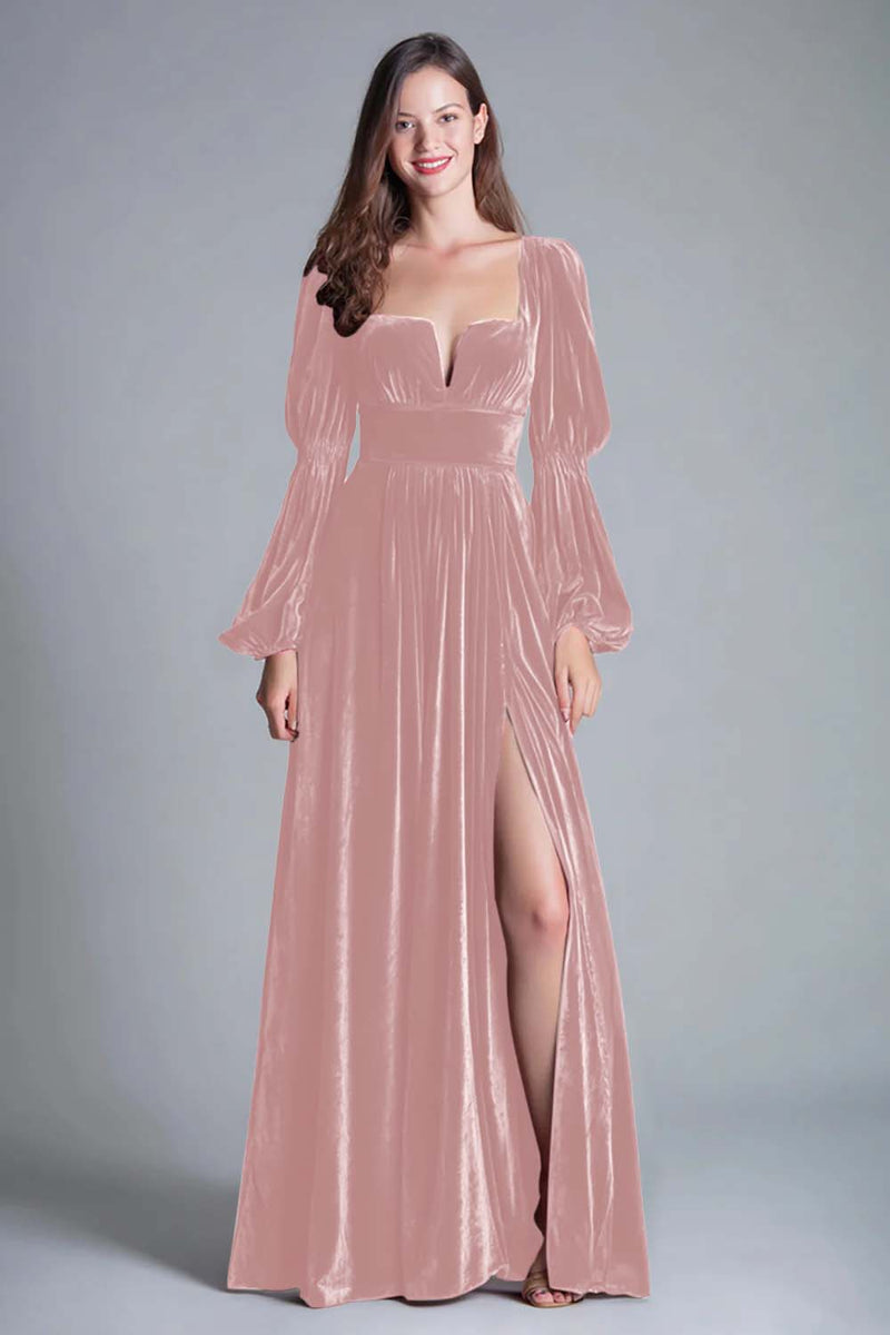 Load image into Gallery viewer, Burgundy A-Line Puff Sleeves Velvet Long Holiday Party Dress with Slit