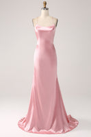 Load image into Gallery viewer, Women Blush Long Prom Dress Mermaid Spaghetti Straps Satin Evening Dress