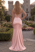 Load image into Gallery viewer, Burgundy Sheath Long Spaghetti Straps Ruched Evening Dress with Slit