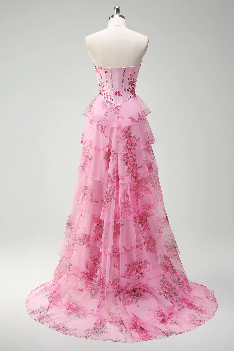 Load image into Gallery viewer, White Blue Flower Tiered Corset Sweetheart Maxi Chiffon Prom Dress