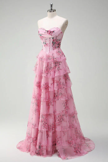 White Blue Flower Tiered Corset Sweetheart Maxi Chiffon Prom Dress