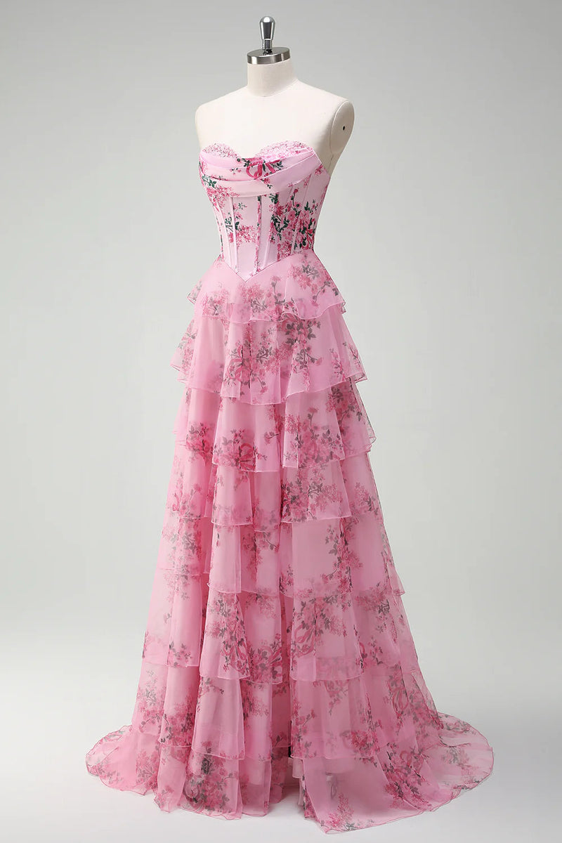 Load image into Gallery viewer, White Blue Flower Tiered Corset Sweetheart Maxi Chiffon Prom Dress