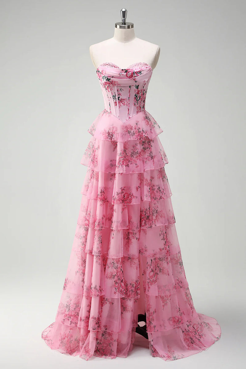 Load image into Gallery viewer, White Blue Flower Tiered Corset Sweetheart Maxi Chiffon Prom Dress