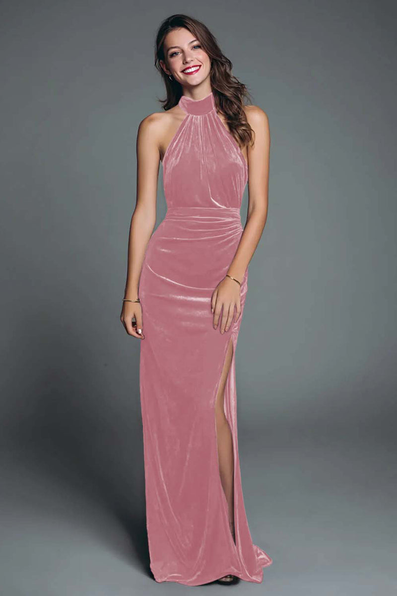 Load image into Gallery viewer, Burgundy Mermaid Halter Velvet Ruched Long Holiday Party Dress with Slit