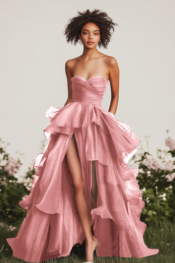 Navy Strapless Ruched Tiered Long Formal Dress with Slit