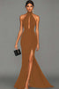 Load image into Gallery viewer, Black Mermaid High Neck Keyhole Satin Long Formal Dress with Slit