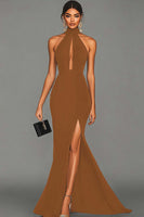 Load image into Gallery viewer, Black Mermaid High Neck Keyhole Satin Long Formal Dress with Slit