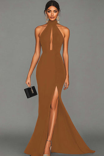 Black Mermaid High Neck Keyhole Satin Long Formal Dress with Slit