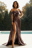 Load image into Gallery viewer, Metallic Golden Off The Shoulder Prom Dress with Slit