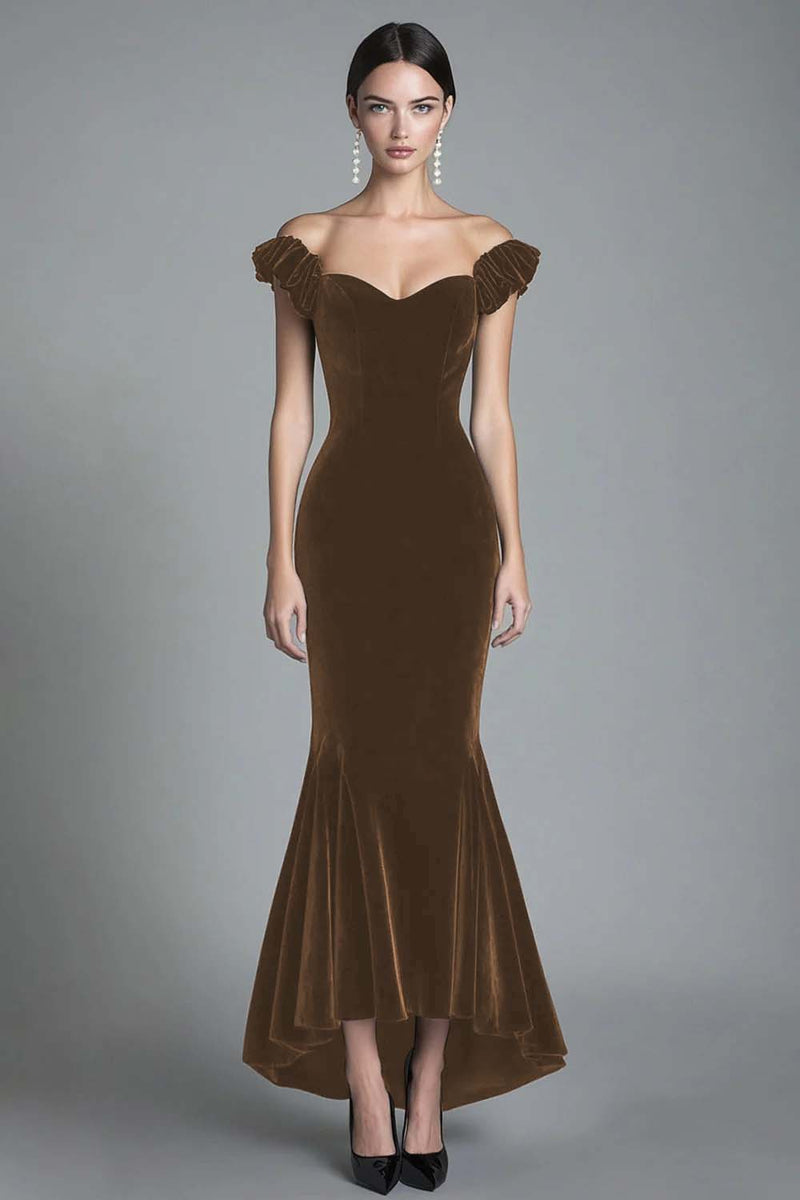 Load image into Gallery viewer, Black Off the Shoulder Asymmetrical Velvet Long Formal Dress