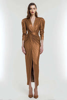 Load image into Gallery viewer, Light Gold Metallic V-Neck Sheath Long Formal Dress with Sleeves