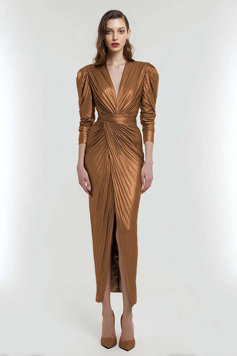 Load image into Gallery viewer, Light Gold Metallic V-Neck Sheath Long Formal Dress with Sleeves