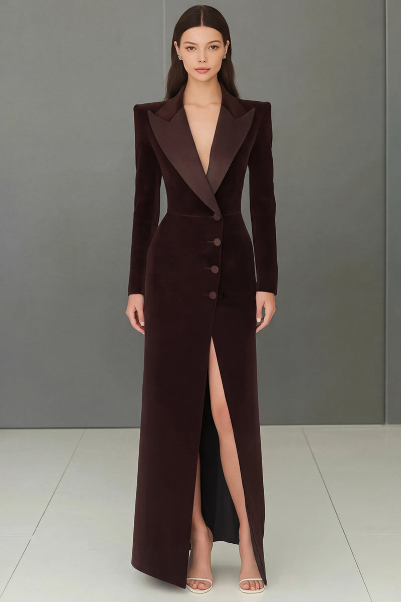 Load image into Gallery viewer, Navy Peak Lapel Velvet Single Breasted Long Blazer Dress with Slit
