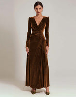 Load image into Gallery viewer, Olive A Line V-Neck Velvet Long Holiday Party Dress with Sleeves