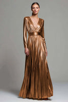 Load image into Gallery viewer, Sparkly Gold Metallic V-Neck Pleated A-Line Long Sleeves Formal Dress