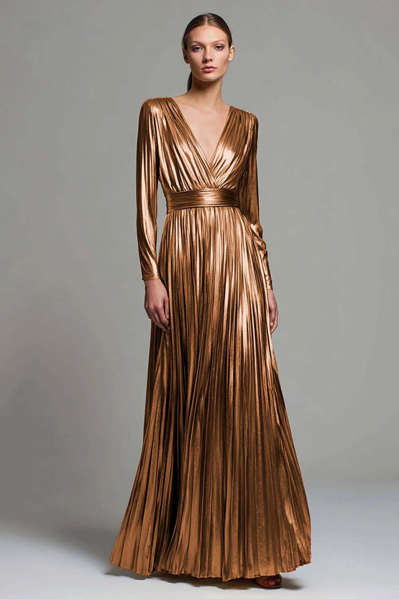 Load image into Gallery viewer, Sparkly Gold Metallic V-Neck Pleated A-Line Long Sleeves Formal Dress