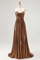 Load image into Gallery viewer, Gold Pleated Metallic Strapless A Line Long Prom Dress