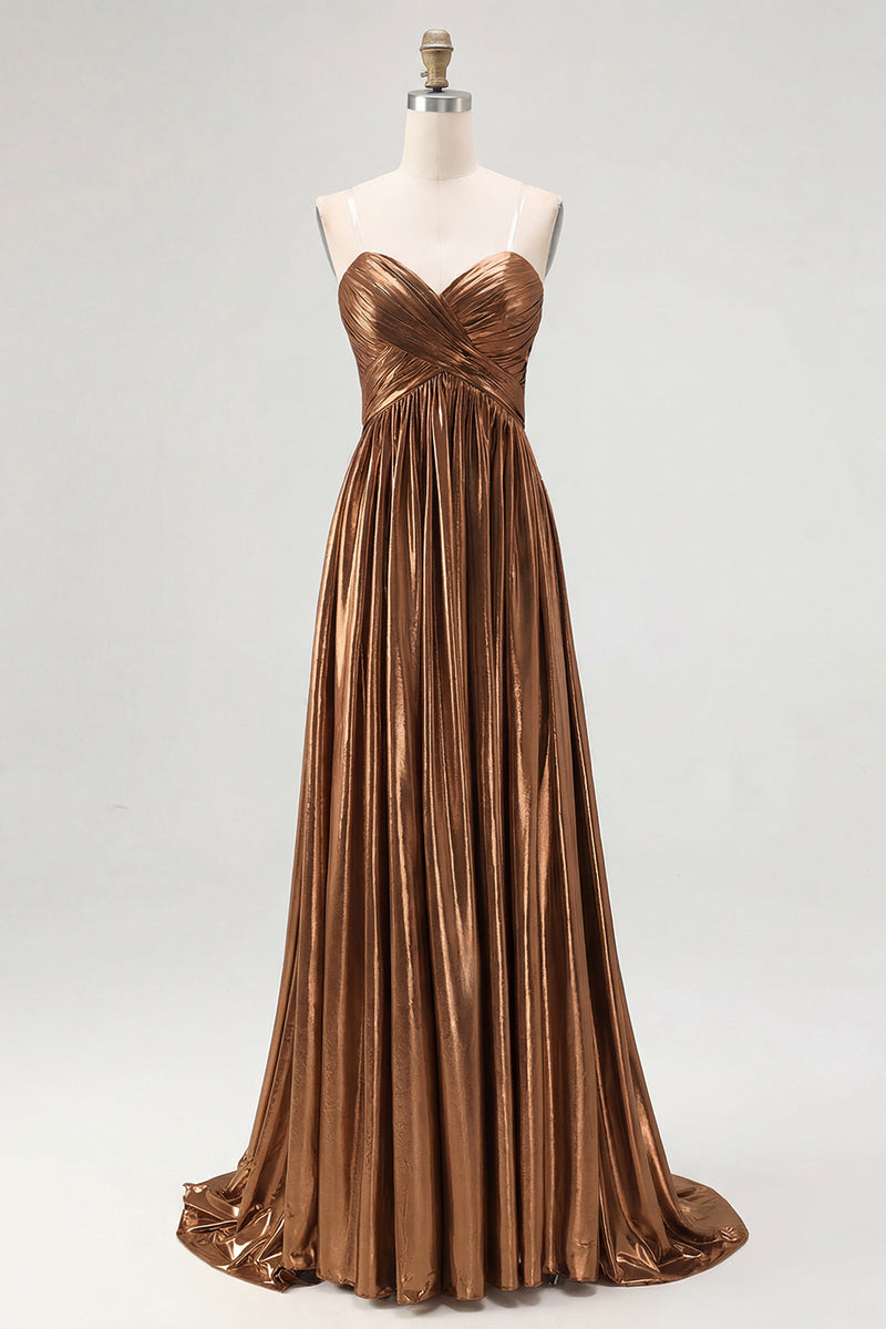 Load image into Gallery viewer, Gold Pleated Metallic Strapless A Line Long Prom Dress