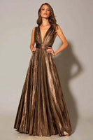 Load image into Gallery viewer, Sparkly Gold Metallic A-Line Pleated V-Neck Long Formal Dress