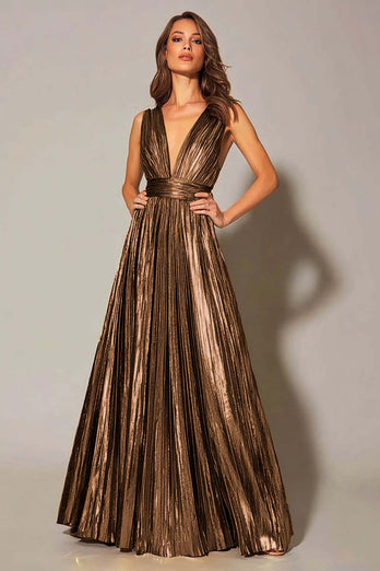 Sparkly Gold Metallic A-Line Pleated V-Neck Long Formal Dress