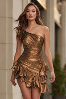 Load image into Gallery viewer, Gold Ruched One Shoulder Metallic Ruffled Bodycon Short Cocktail Dress