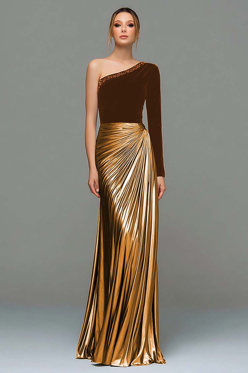 Load image into Gallery viewer, Sparkly Black and Grey One Shoulder Metallic Long Holiday Party Dress
