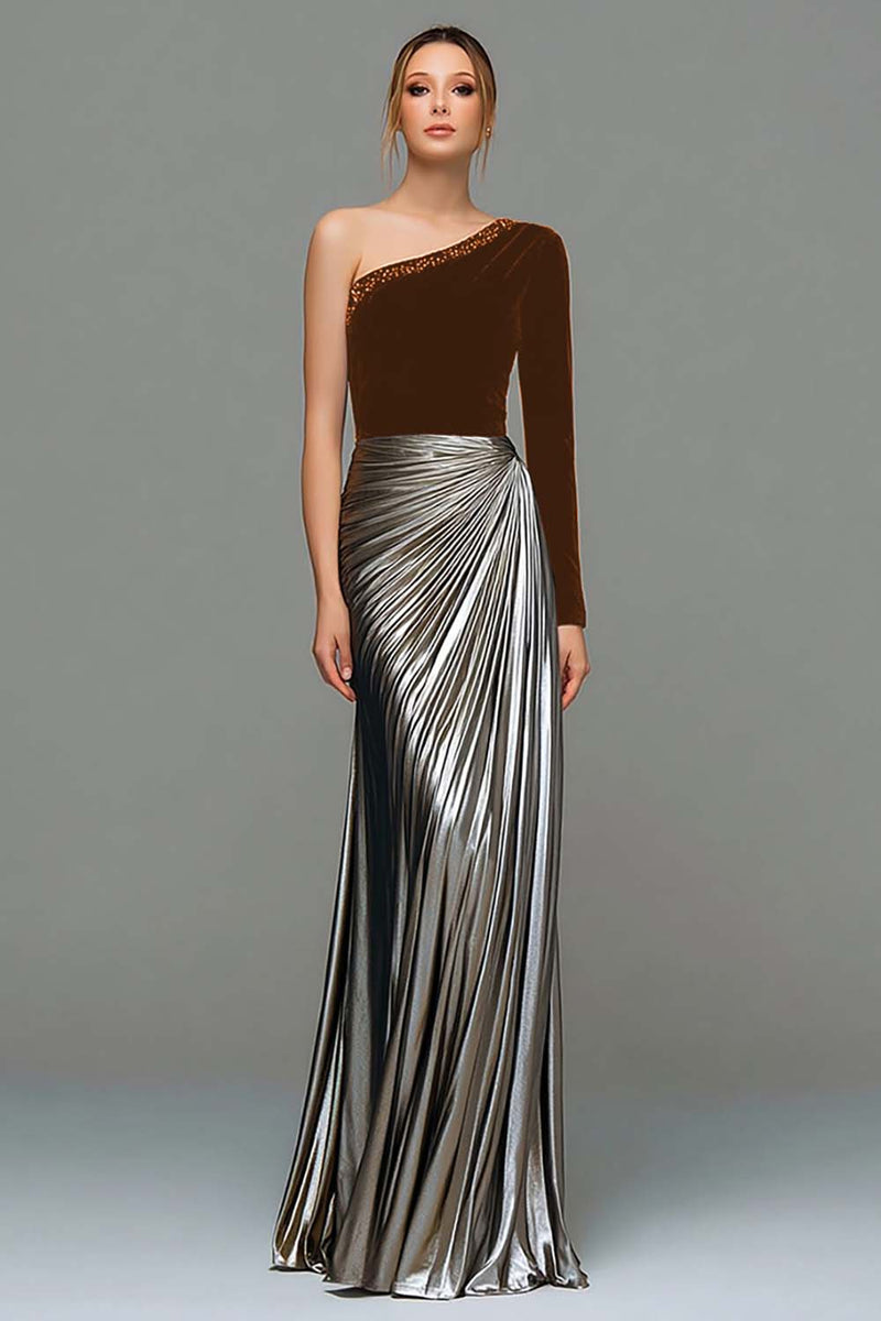 Load image into Gallery viewer, Sparkly Black and Grey One Shoulder Metallic Long Holiday Party Dress